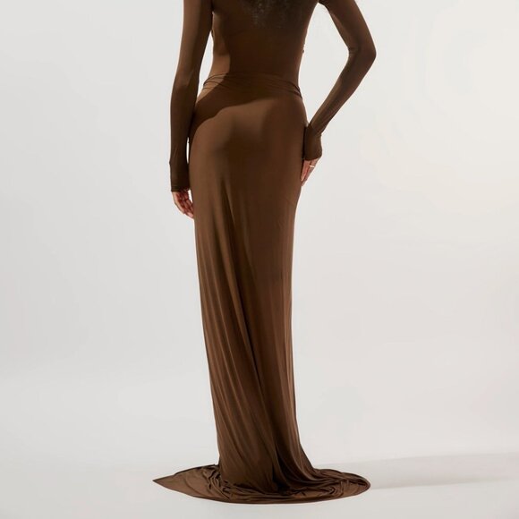 Deme by Gabriella June Gown in Chocolate Brown long sleeve maxi draped mermaid - Picture 4 of 5